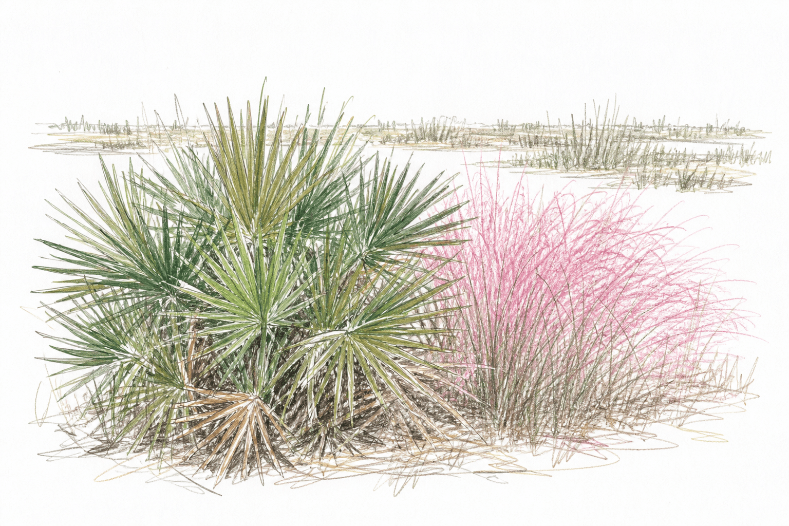 Colored-pencil sketch of saw palmetto fronds beside pink muhly grass with a low marsh horizon behind